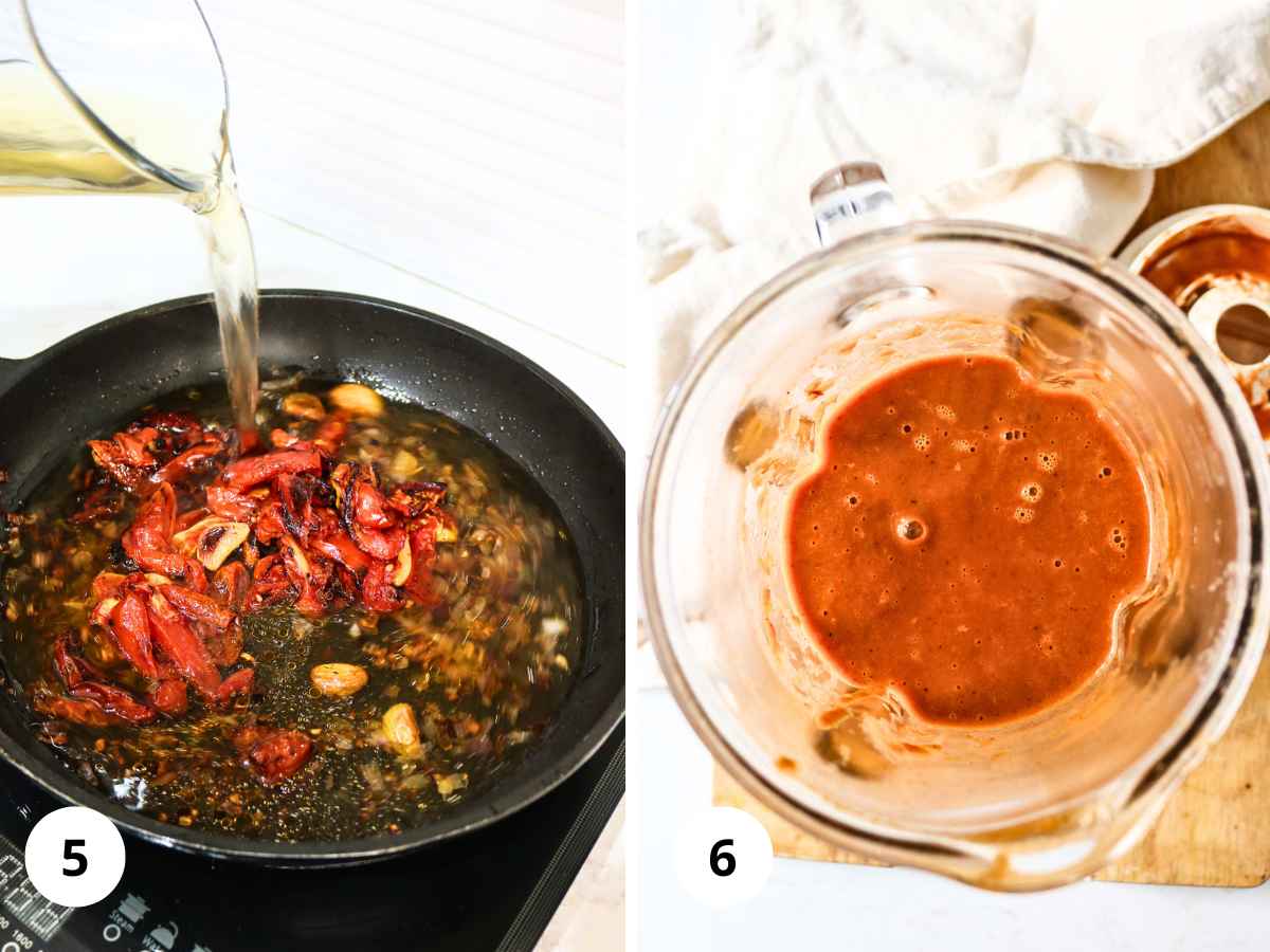 Adding vegetable stock and blending the soup.