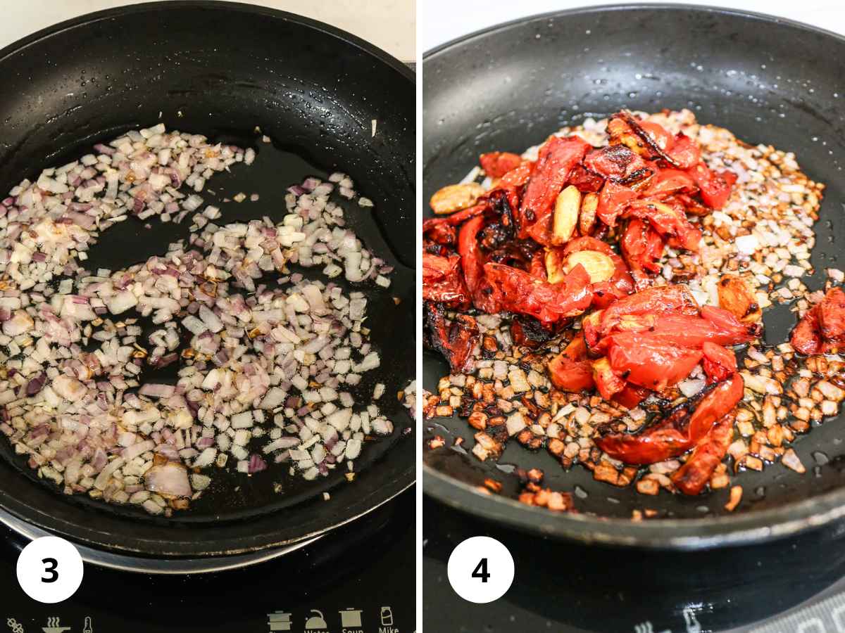 Frying onions and adding roasted tomatoes and garlic in the pan.