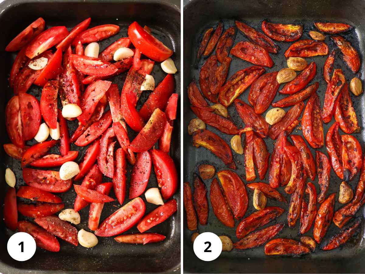 Slicing and roasting tomatoes on baking tray.