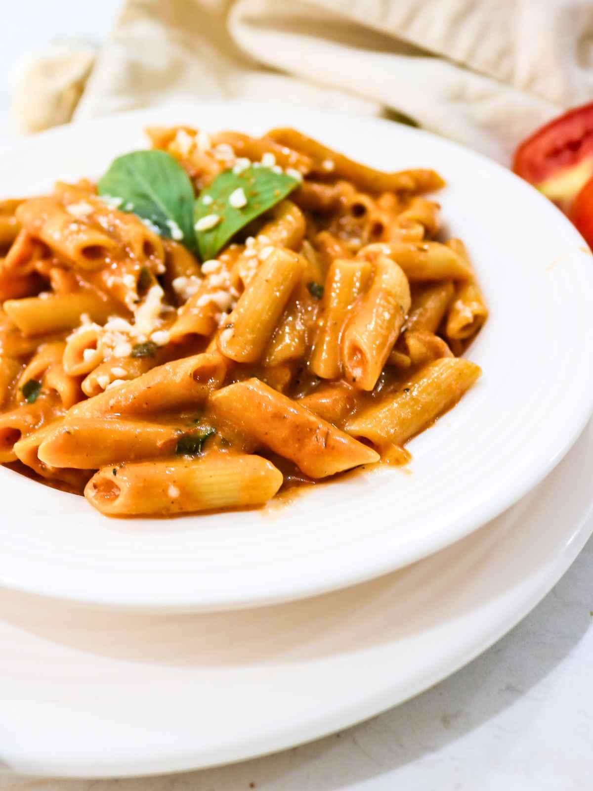 Closeup of Roasted tomato sauce pasta.