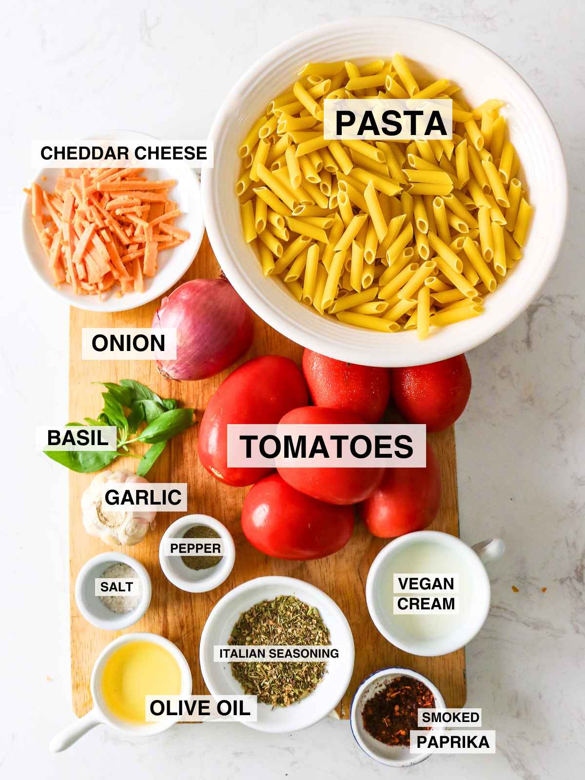 Ingredients to make roasted tomato pasta.