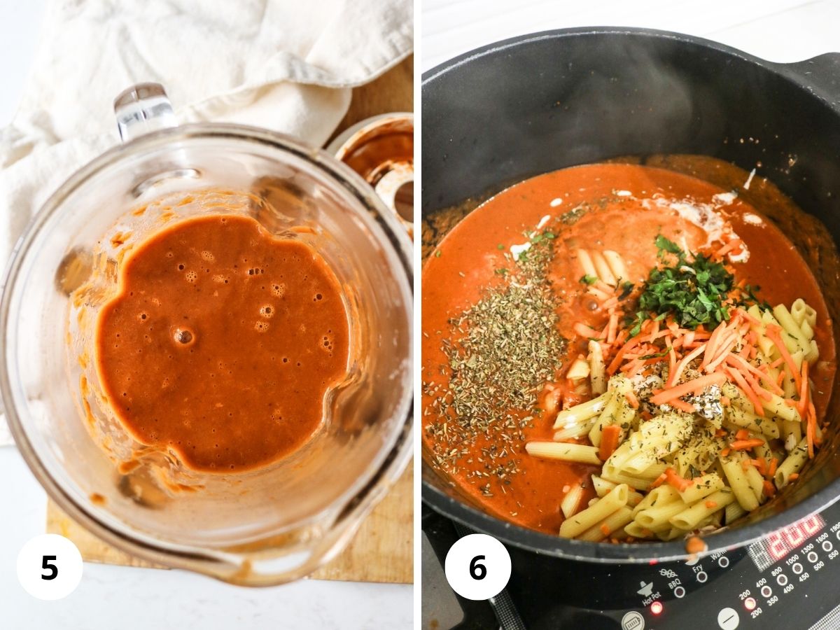 Blending the sauce and mixing pasta and cheese in.