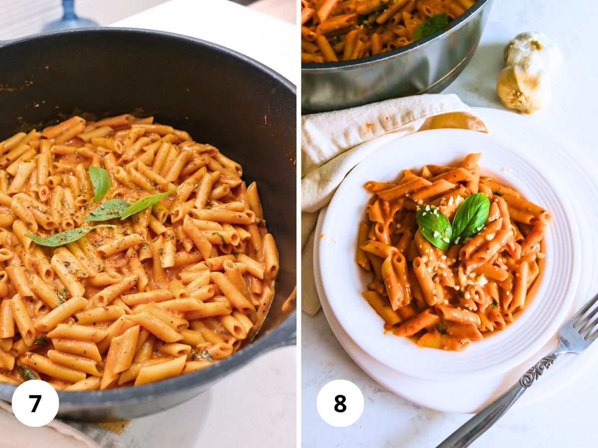 Garnishing and serving the pasta.