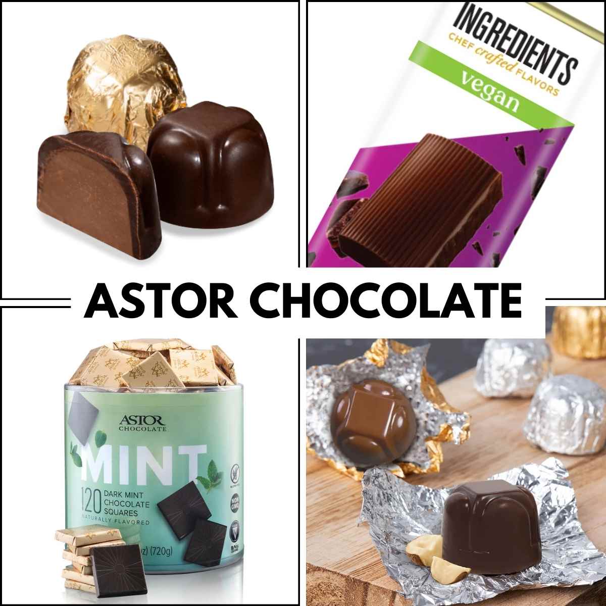 Various Astor Chocolate products are shown, including wrapped and unwrapped chocolates, vegan options, and mint chocolate squares. Indulgent and appealing.