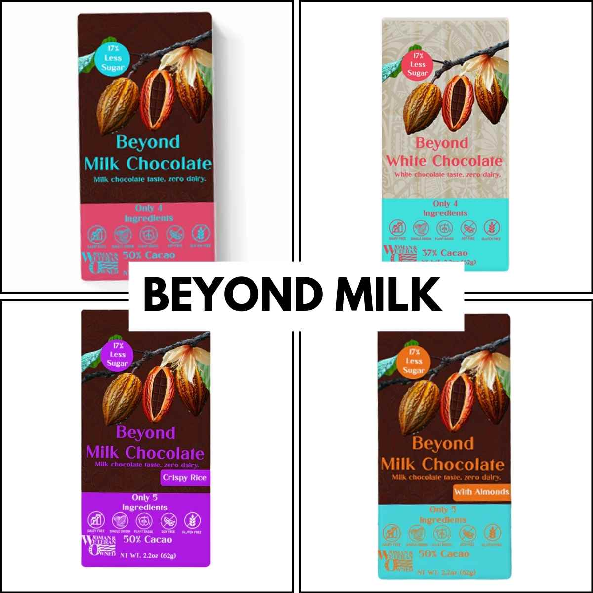 Four "Beyond Milk" chocolate bar packages form a collage. Flavors include Milk Chocolate, White Chocolate, Crispy Rice, and Almonds. Displayed with vibrant colors and cacao illustrations.