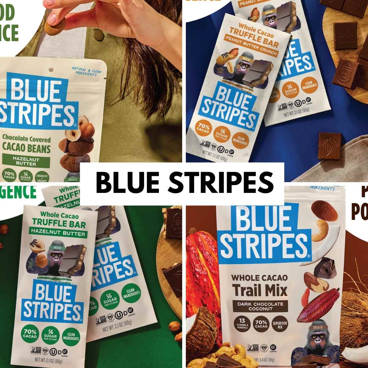 Collage of Blue Stripes cacao products, including truffle bars, cacao beans, and trail mix. Packaging highlights 70% cacao content and clean ingredients.