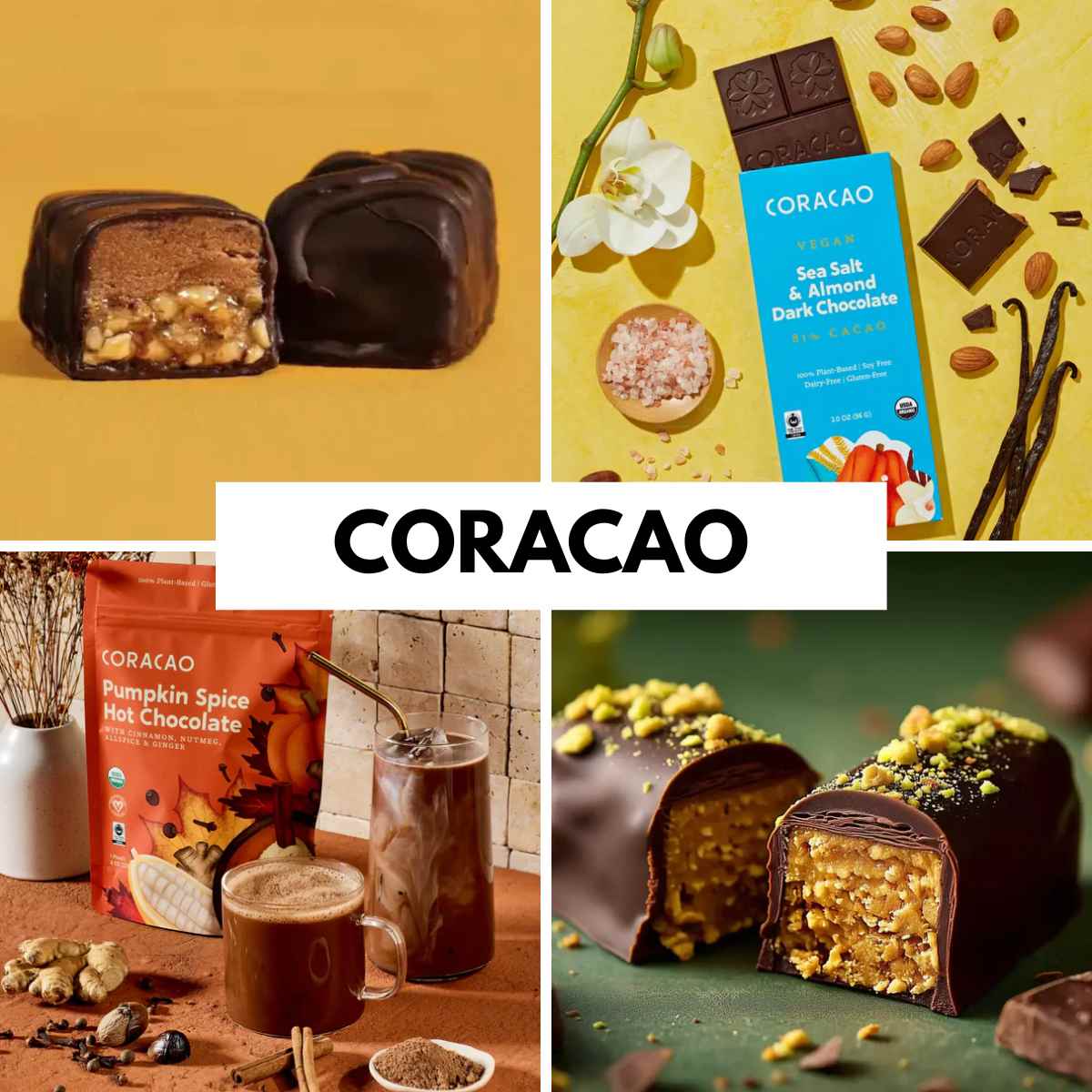 Collage of Coracao chocolate products. Includes a cut chocolate piece, sea salt almond bar, pumpkin spice hot chocolate, and nut-topped truffles. Mood: indulgent.