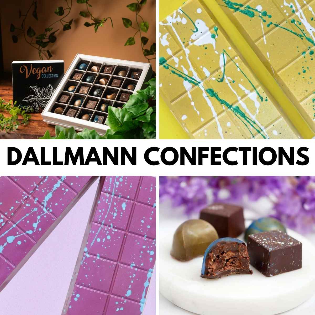 A collage of gourmet chocolates by Dallmann Confections. Includes a vegan truffle collection, colorful splattered bars, and assorted chocolate bonbons.