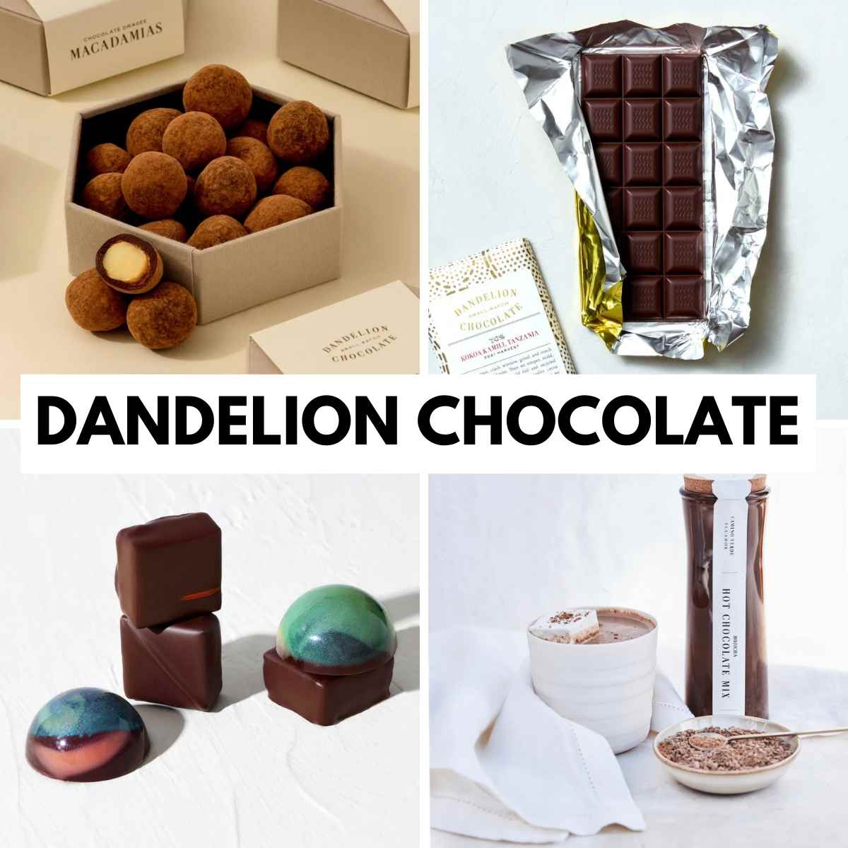 Four images of Dandelion Chocolate: macadamia truffles, chocolate bar in foil, colorful chocolates, and hot chocolate mix with a cup and whisk.