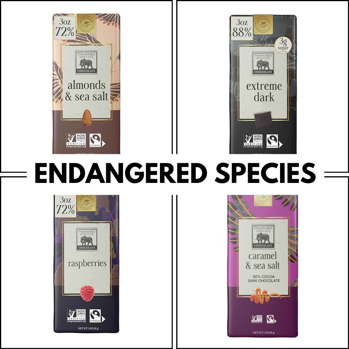 Four packaged chocolate bars by Endangered Species are displayed, each with a unique flavor: almonds & sea salt, extreme dark, raspberries, and caramel & sea salt.