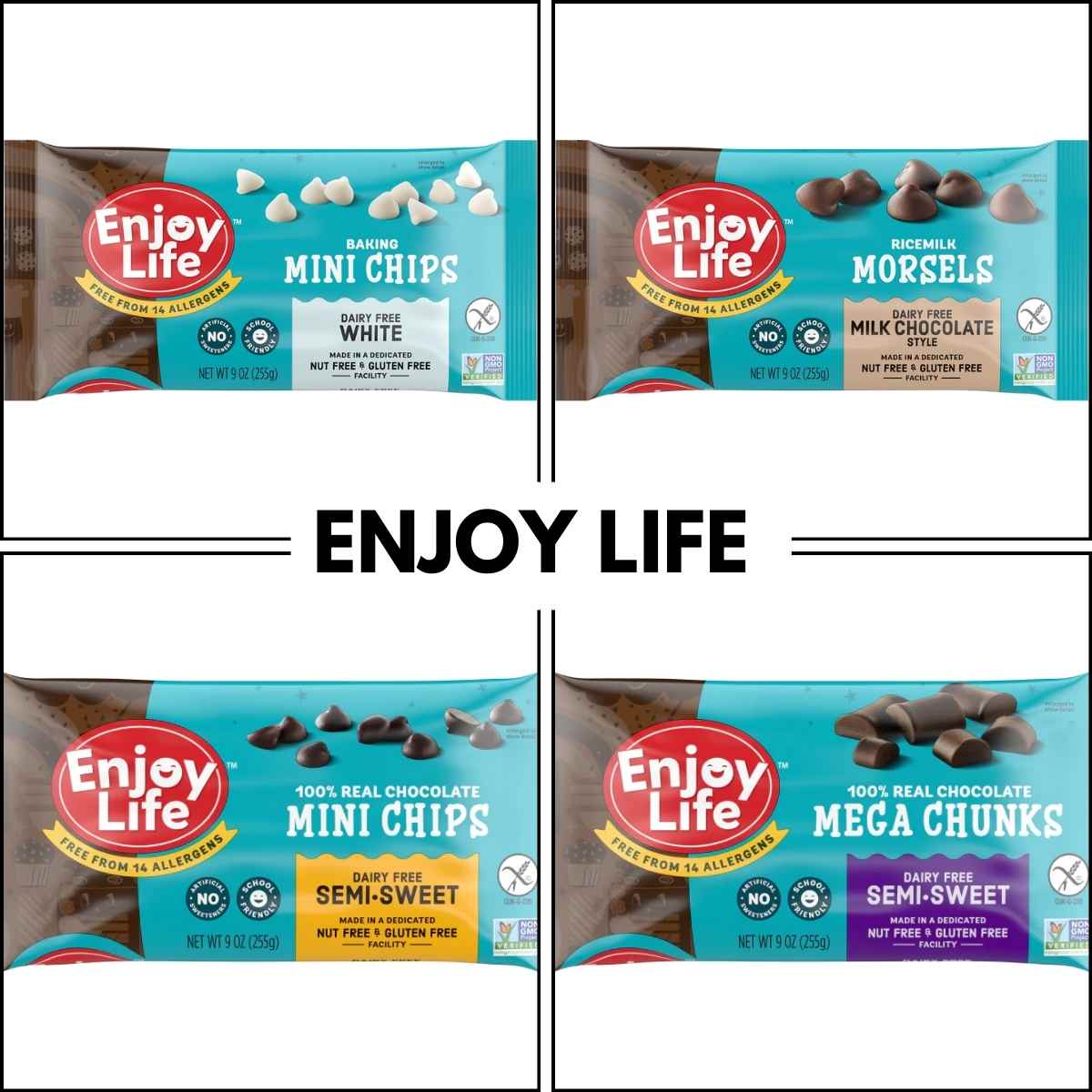 Collage of four Enjoy Life chocolate chip bags: white mini chips, milk chocolate morsels, semi-sweet mini chips, and mega chunks. Text reads "ENJOY LIFE."
