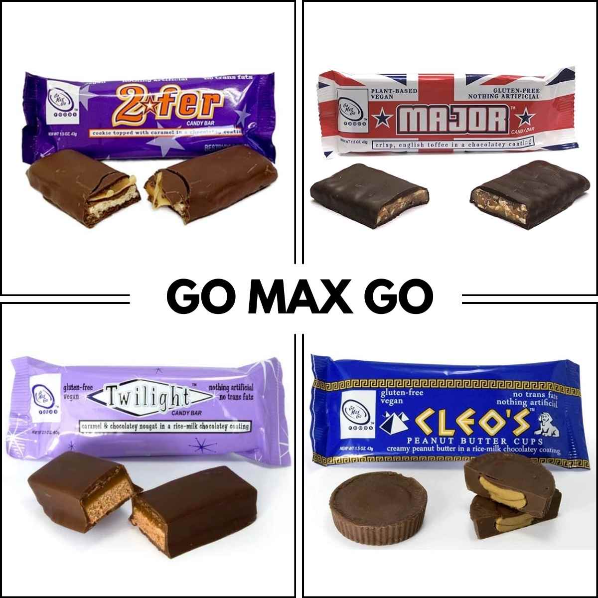 Four plant-based chocolate bars with opened wrappers: "2fer," "Major," "Twilight," and "Cleo's." Each bar is partially exposed, revealing fillings like caramel and peanut butter. The image has a clean, enticing look.