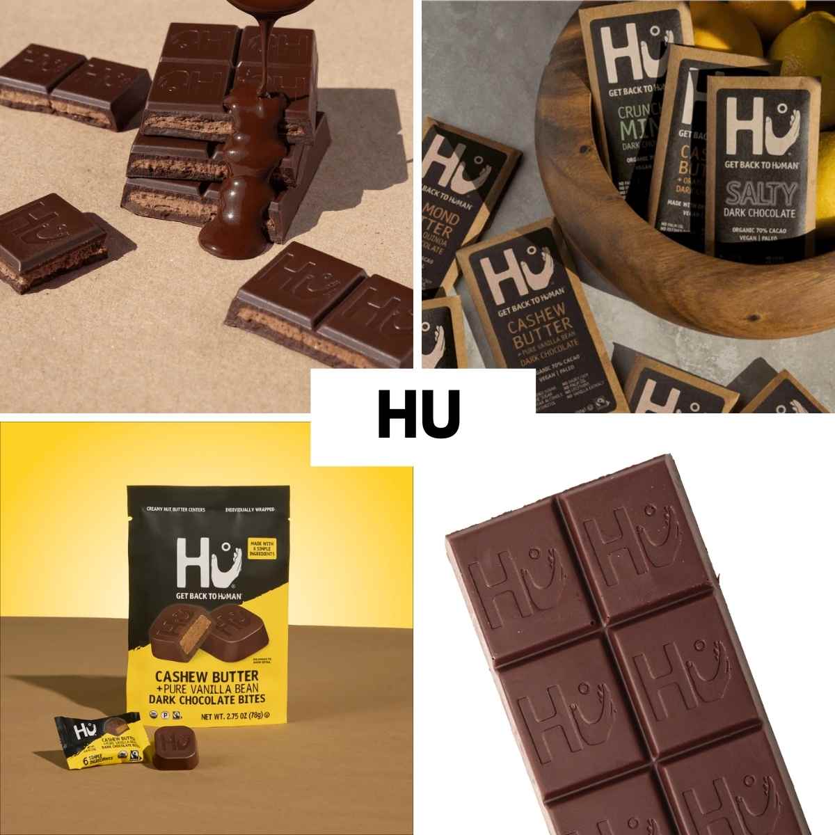 Collage of Hu dark chocolate images. Upper left: melted chocolate pouring on stacked bars. Upper right: bars in a wooden bowl. Bottom left: cashew butter chocolate pack against yellow. Bottom right: close-up of a chocolate bar.