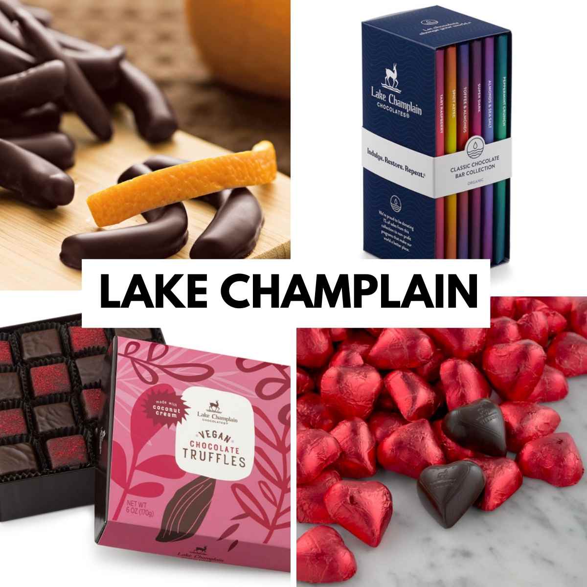 Four packaged chocolate bars by Endangered Species are displayed, each with a unique flavor: almonds & sea salt, extreme dark, raspberries, and caramel & sea salt.