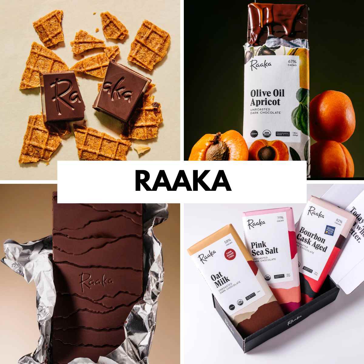 Collage of Raaka chocolate bars. Top left: chocolate with waffle pieces. Top right: Olive Oil Apricot bar with apricots. Bottom left: unwrapped bar. Bottom right: assorted flavors in a box. Central text reads "RAAKA." The image conveys indulgence and variety.