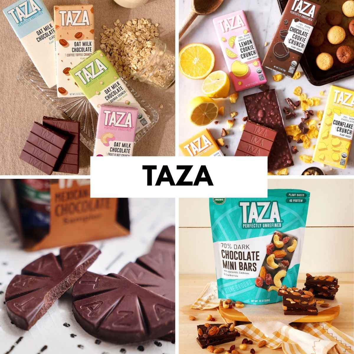 Collage of Taza chocolate bars and products. Includes oat milk and dark chocolate bars with textures and flavors like nuts and lemon. Energetic and colorful.
