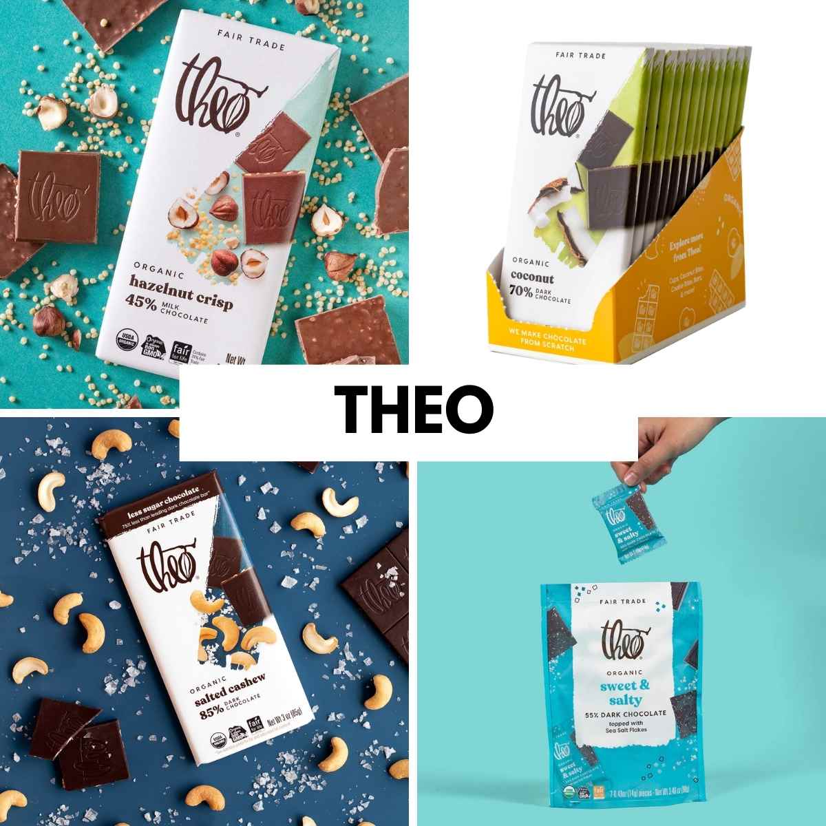 A collection of Theo chocolate products on colorful backgrounds. Includes hazelnut crisp, coconut, salted cashew, and sweet & salty varieties. Packaging is vibrant and emphasizes their fair trade and organic labels.