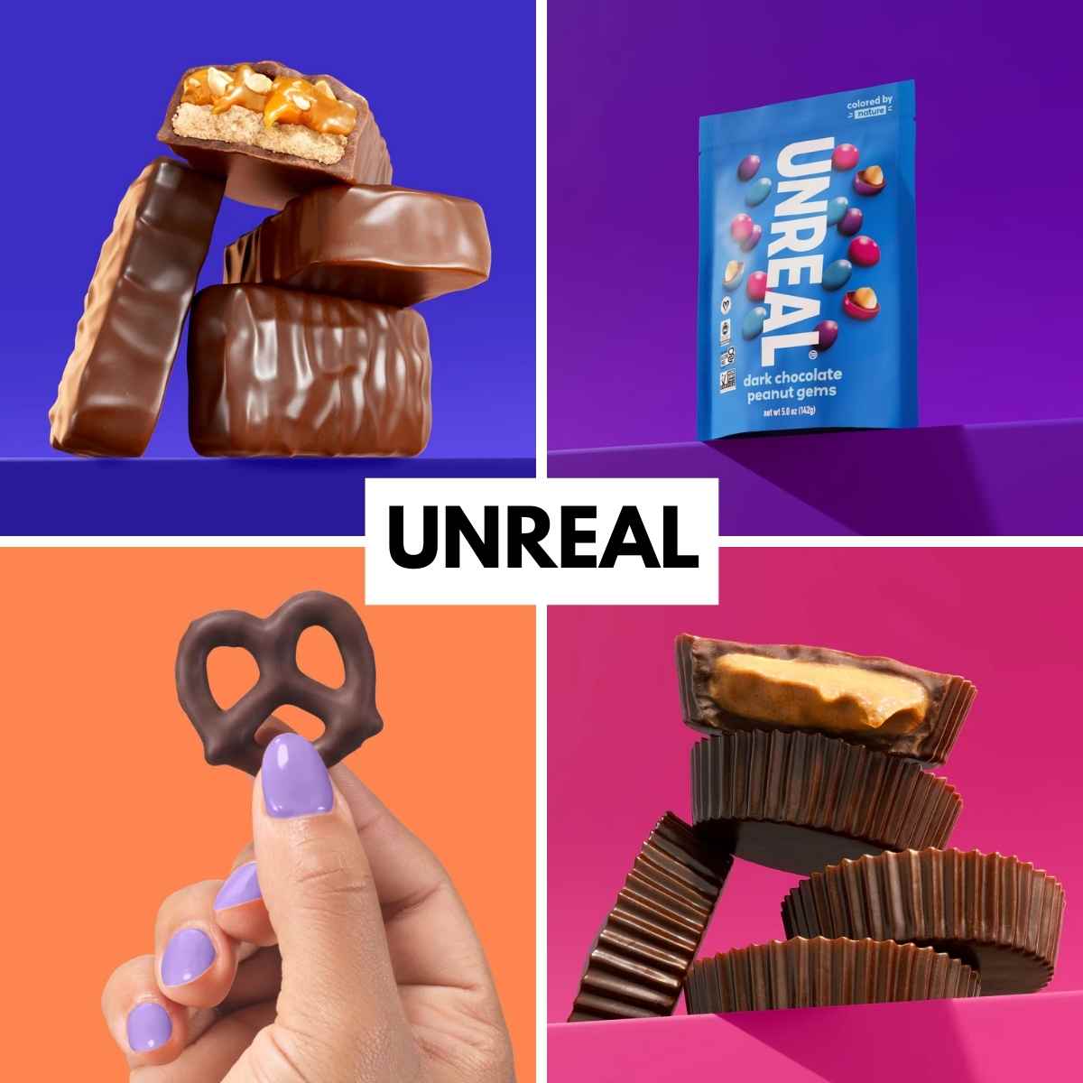 Collage of candy: chocolate-covered caramel bars, dark chocolate peanut gems, stacked peanut butter cups, and a pretzel. Label reads "UNREAL."