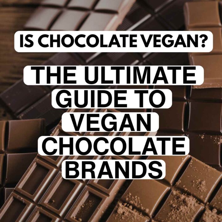 Close-up of assorted chocolate bars with text overlay: "Is chocolate vegan? The ultimate guide to vegan chocolate brands." Rich, indulgent tone.