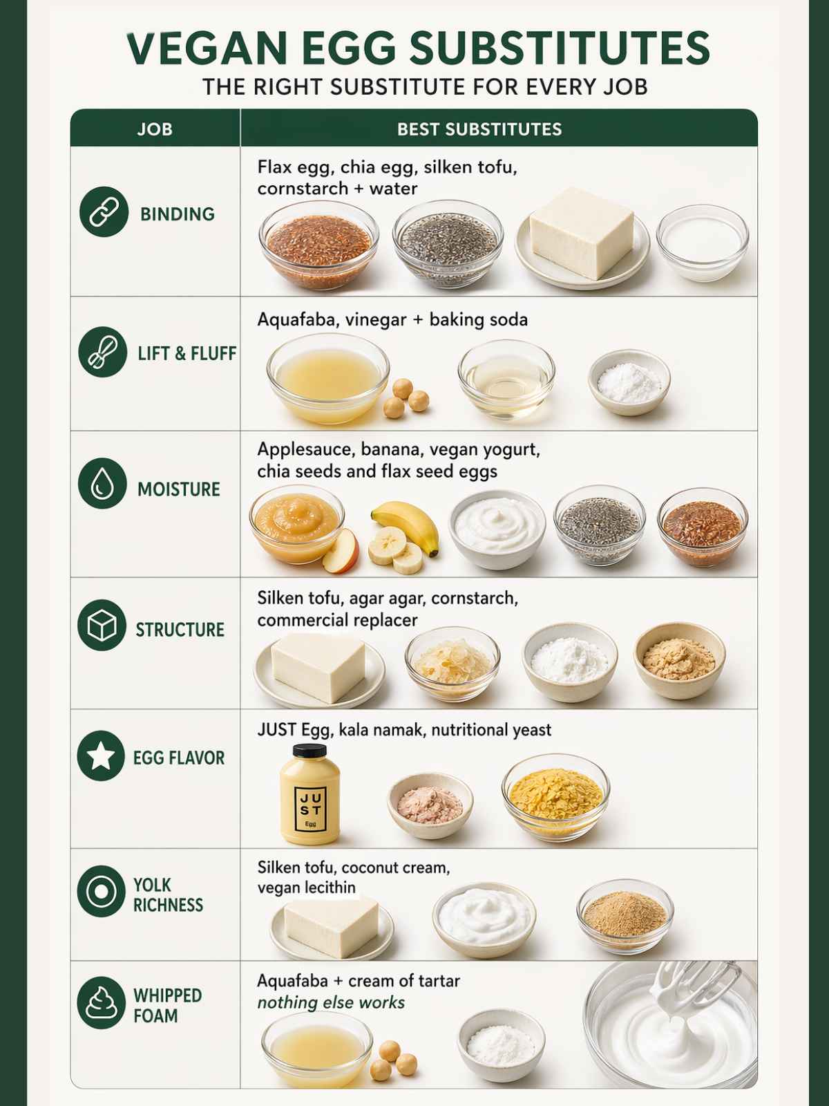 Infographic showing vegan egg substitutes performs which job.