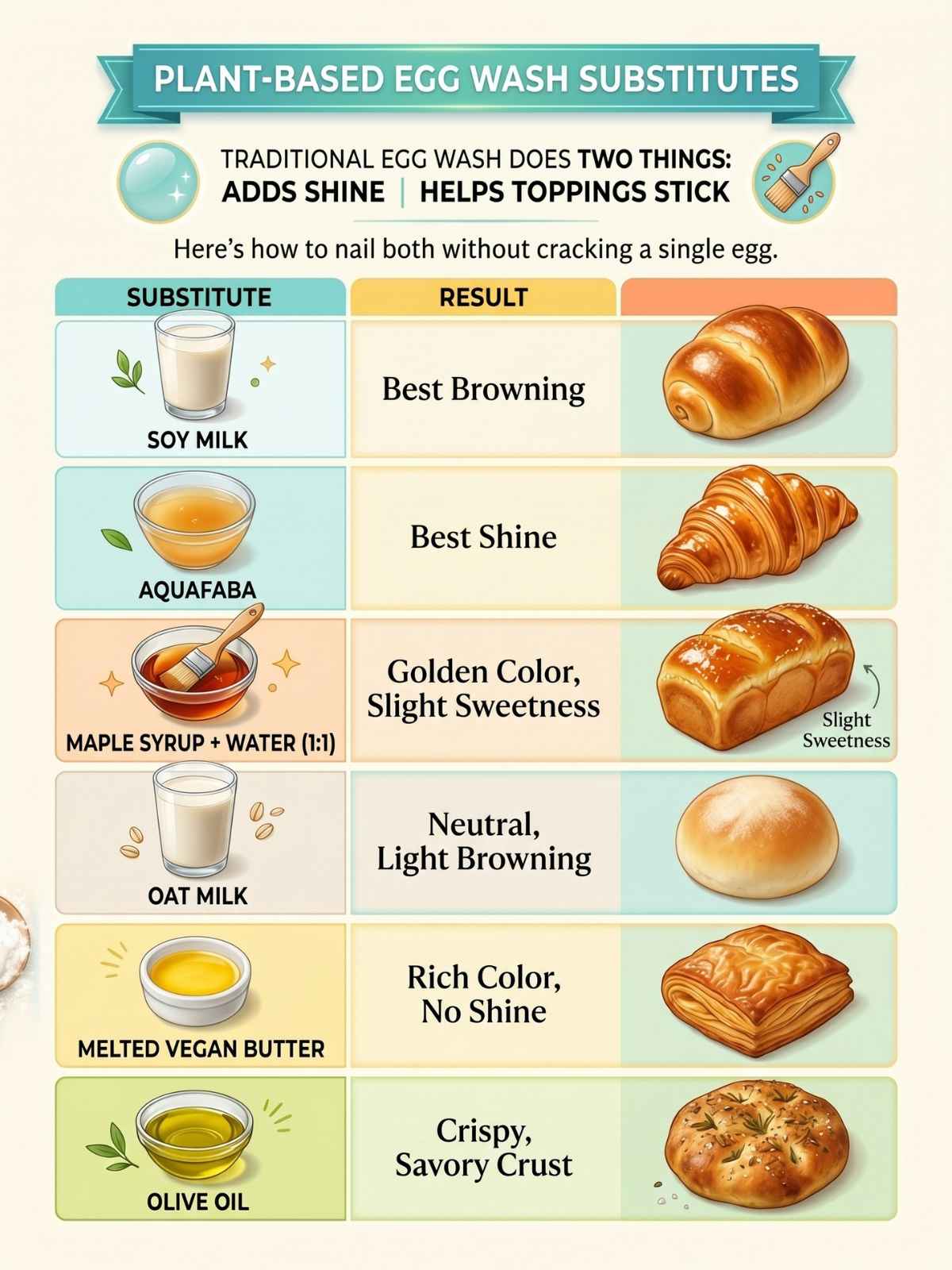 Info graphic showing vegan egg wash substitutes.