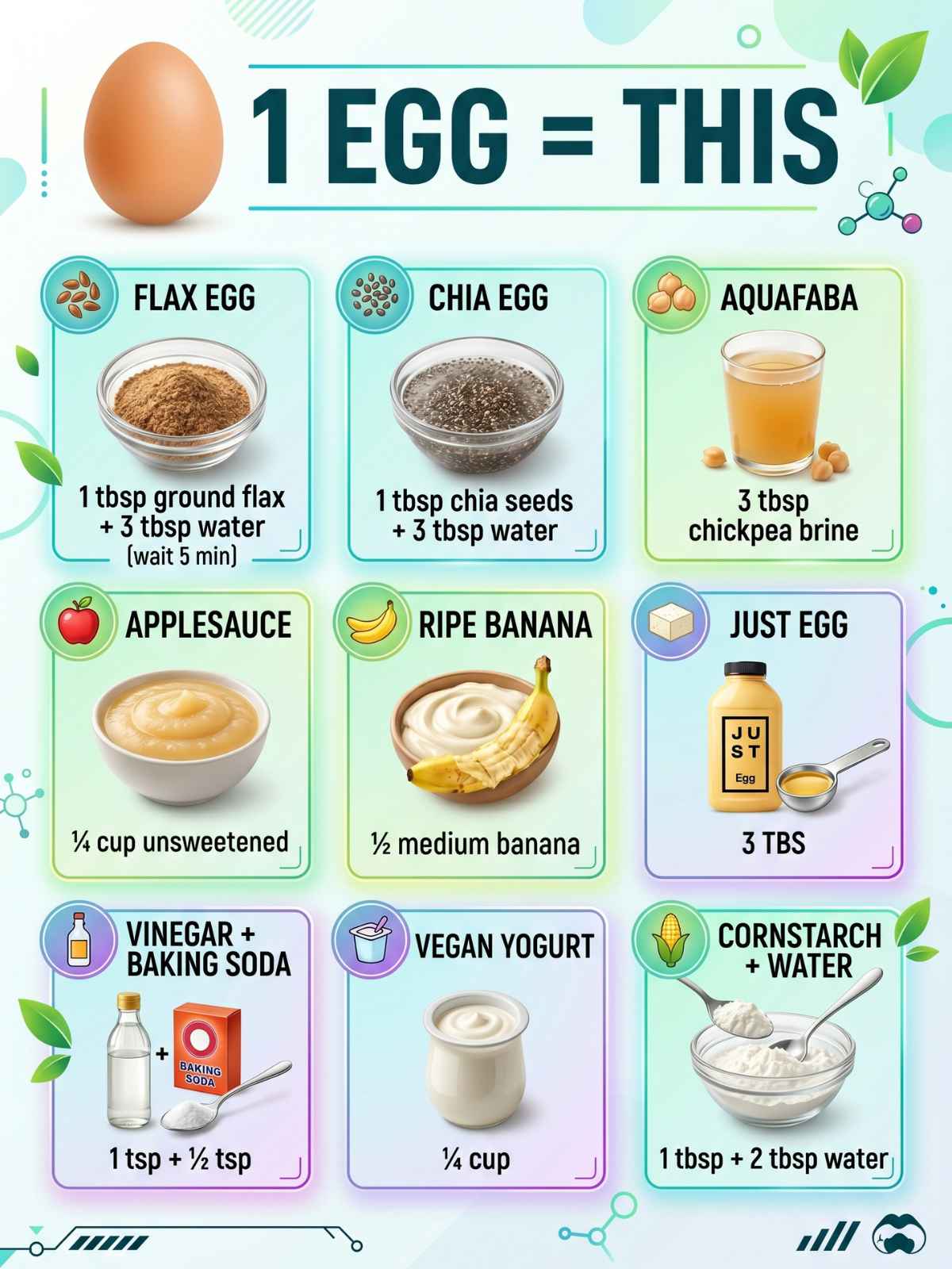 Image showing 8 egg substitutes with amounts. Includes flax, chia, aquafaba, applesauce, banana, Just Egg, vinegar with baking soda, vegan yogurt, and cornstarch.