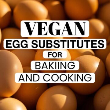 A background of numerous brown eggs with bold text overlay reading "Vegan Egg Substitutes for Baking and Cooking," conveying a focus on plant-based alternatives.