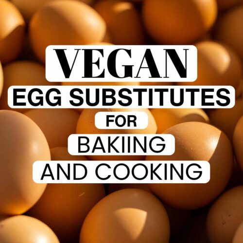 A background of numerous brown eggs with bold text overlay reading "Vegan Egg Substitutes for Baking and Cooking," conveying a focus on plant-based alternatives.