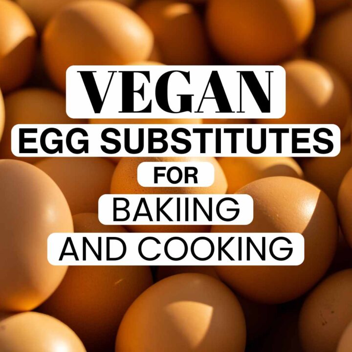 A background of numerous brown eggs with bold text overlay reading "Vegan Egg Substitutes for Baking and Cooking," conveying a focus on plant-based alternatives.