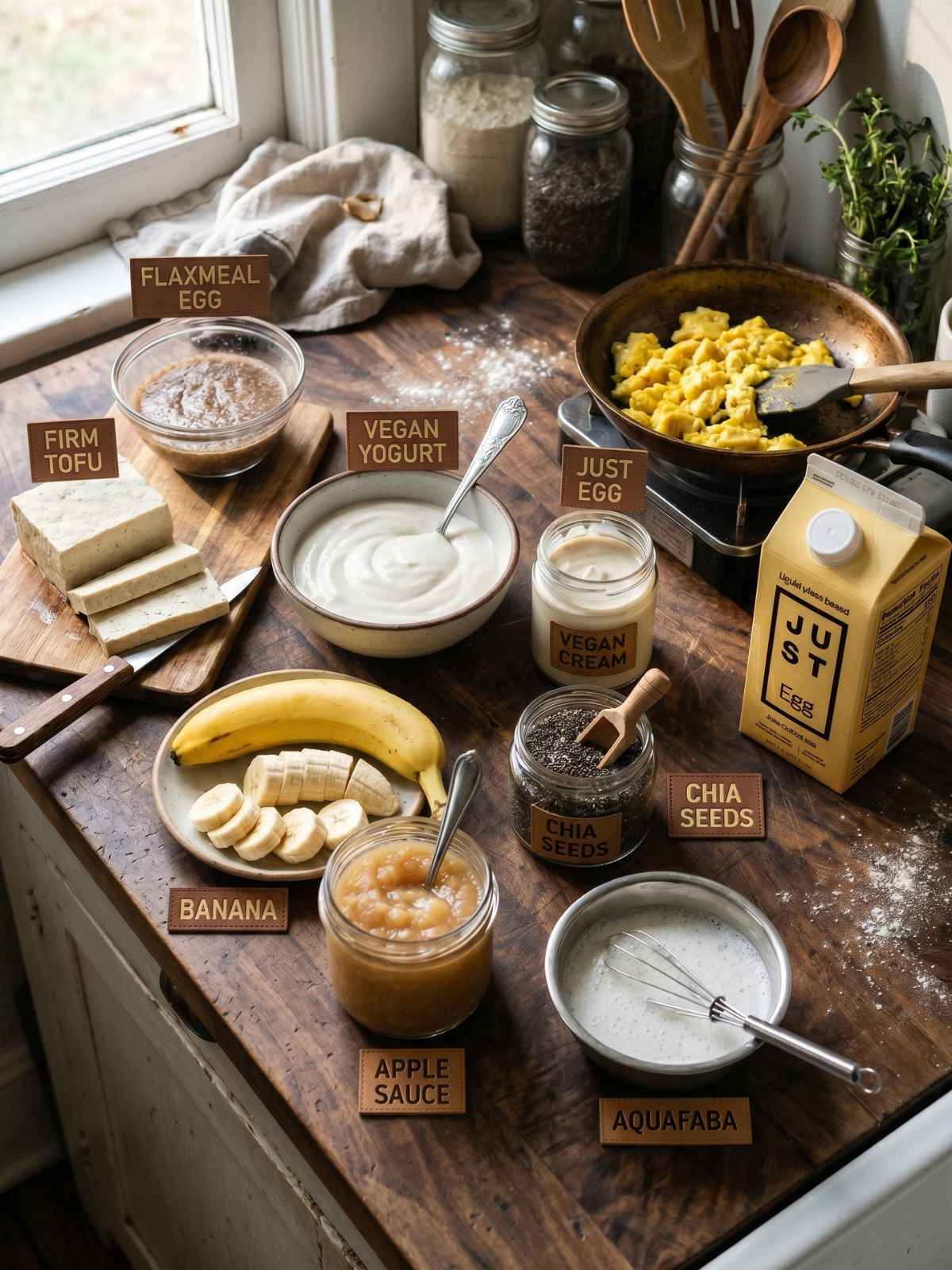 A wooden kitchen table displaying various vegan egg substitutes labeled: firm tofu, flaxmeal egg, vegan yogurt, Just Egg, vegan cream, banana, applesauce, chia seeds, and aquafaba. A pan with scrambled Just Egg is on the stove, creating a cozy, rustic cooking scene.